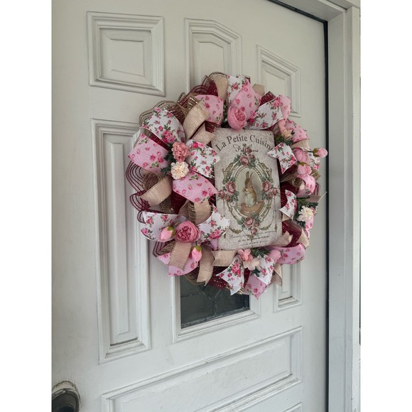 Victorian Style Vintage Bunny Rabbit Mesh Ribbon Spring Wreath, Door Hanger xxx - Picture 7 of 8